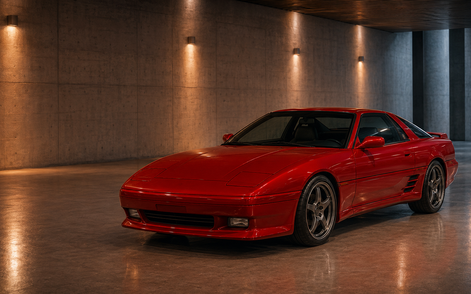 アンバーの照明に照らされた赤い90年代スポーツカー